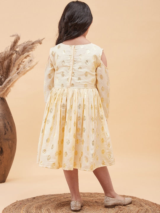 Vastramay Girls Foil Printed Cold-Shoulder Fit and Flare Ethnic Dress
