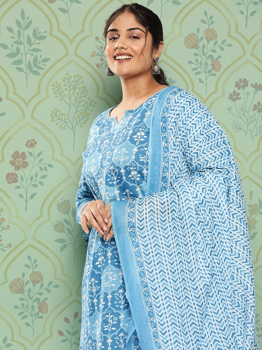 Yufta Plus Size Floral Printed Regular Pure Cotton Kurta with Trousers & Dupatta