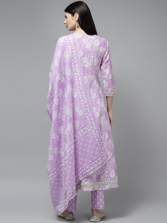 Yufta Women Lavender Ethnic Motifs Printed Pleated Gotta Patti Pure Cotton Kurta with Trousers & With