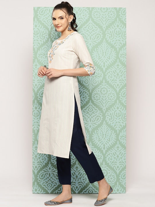 Yufta Striped & Floral Embroidered Thread Work Cotton Kurta