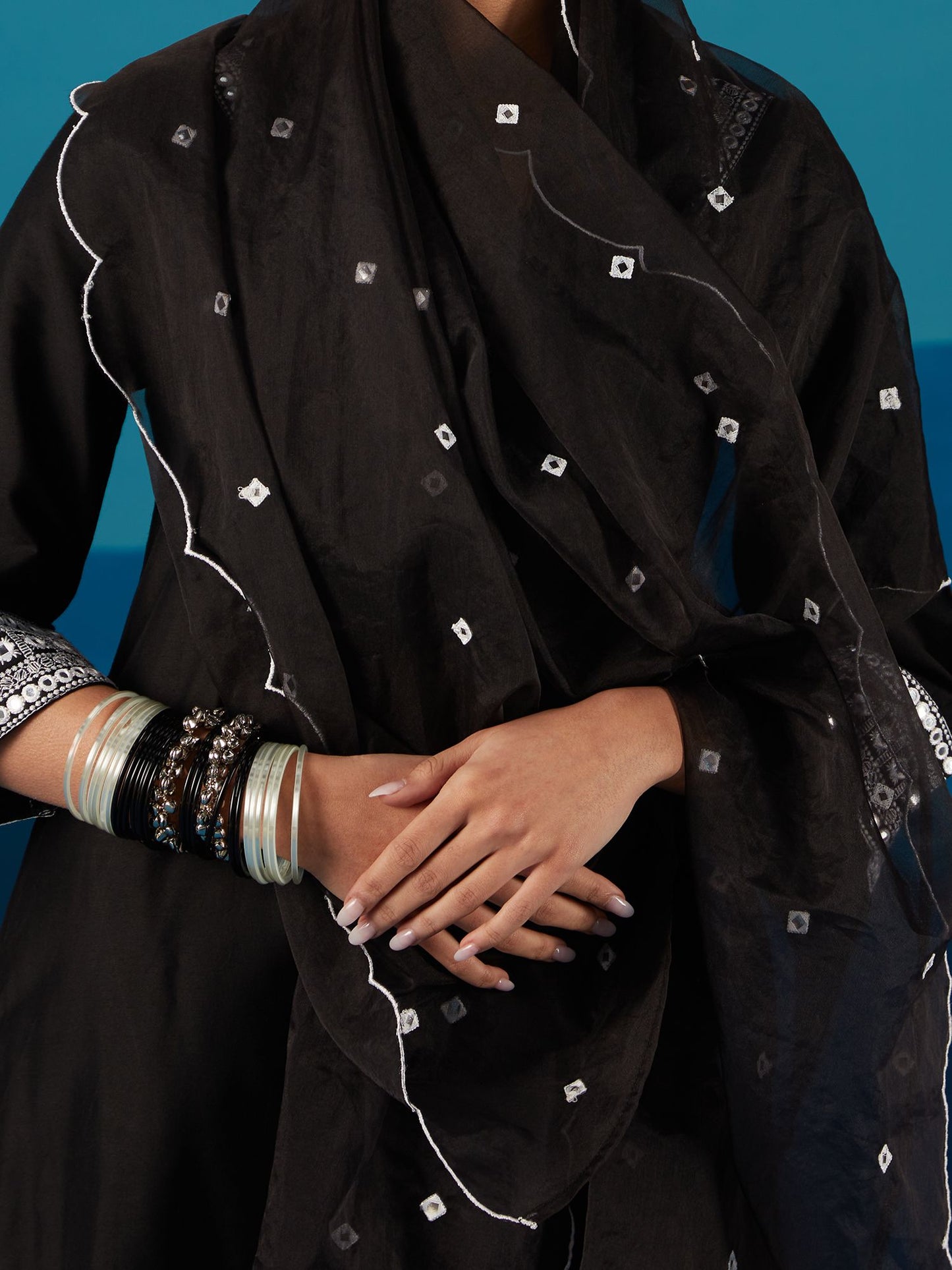 Likha Black Monochrome Mirror Work Kurta Set & Organza Dupatta LIKSKD198 (Set of 3)