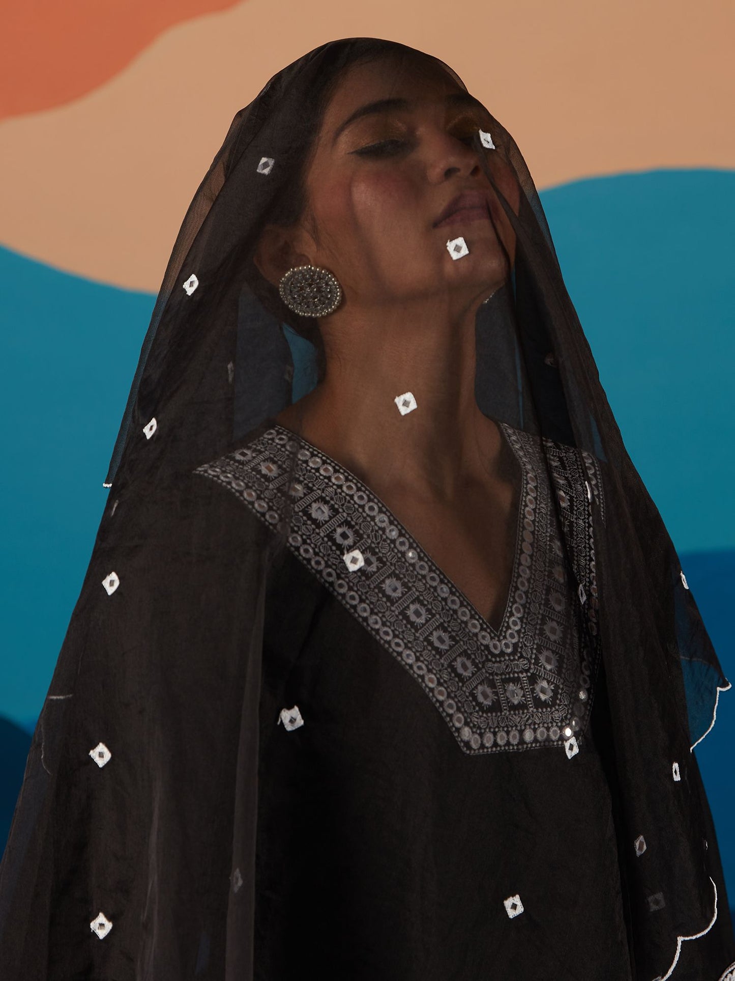 Likha Black Monochrome Mirror Work Kurta Set & Organza Dupatta LIKSKD198 (Set of 3)