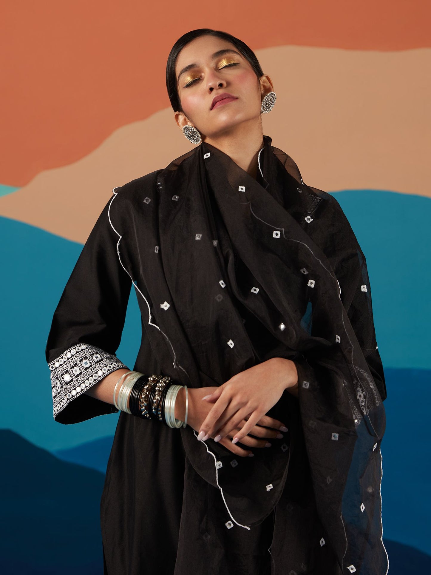 Likha Black Monochrome Mirror Work Kurta Set & Organza Dupatta LIKSKD198 (Set of 3)