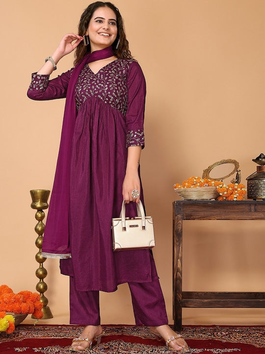 Here&now Floral Embroidered Sequinned Kurta With Trousers & Dupatta