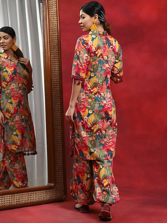 AKS Couture Floral Printed Shirt Collar Regular Pure Cotton Kurta With Salwar