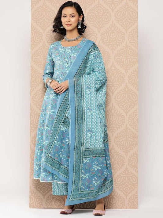 Yufta Floral Printed Regular Pure Cotton Kurta with Trousers & With Dupatta