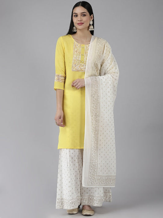 Yufta Women Yellow Ethnic Motifs Embroidered Kurta with Palazzos & Dupatta