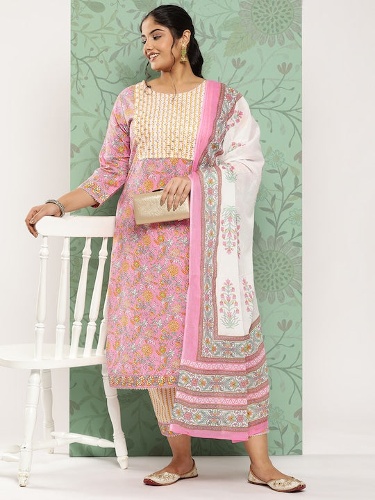 Yufta Plus Size Ethnic Motifs Printed Pure Cotton Kurta with Trousers & With Dupatta