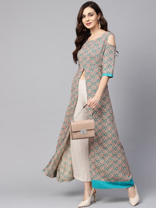 Myshka Women Green & Beige Printed High-Slit A-Line Kurta - XXL