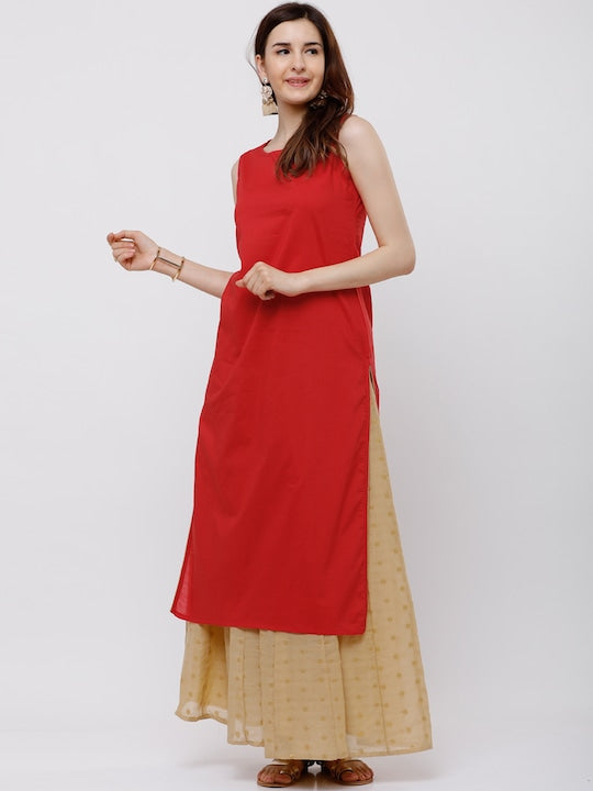 Vishudh Red Foil Print Cotton Straight Kurta With Crop Jacket