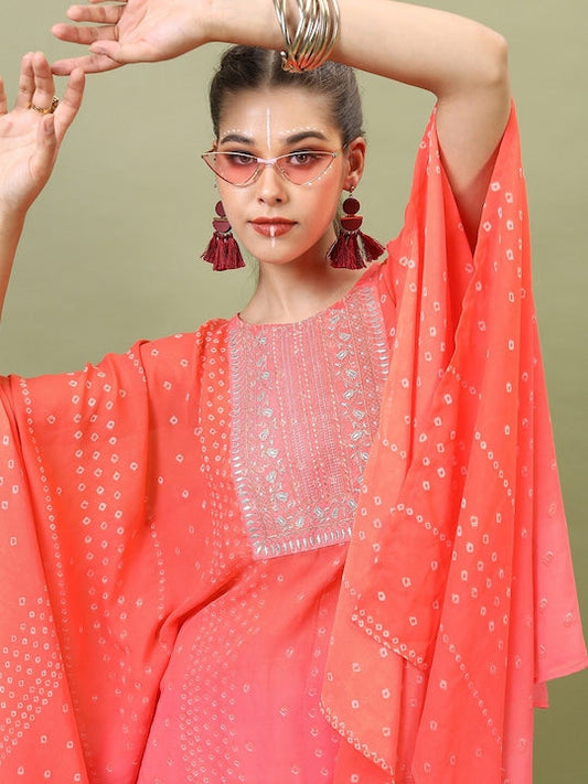 Vishudh Women Orange Embroidered Gotta Patti Kurta with Dhoti Pants