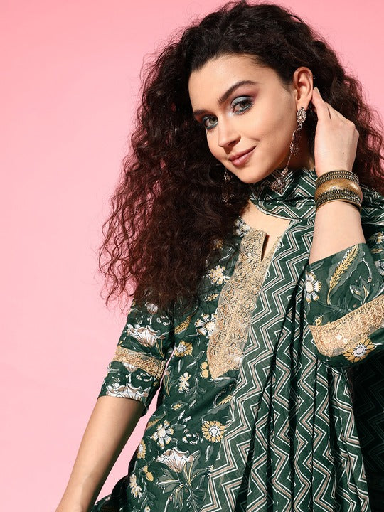 Yufta Floral Printed Pure Cotton Kurta with Trousers & With Dupatta