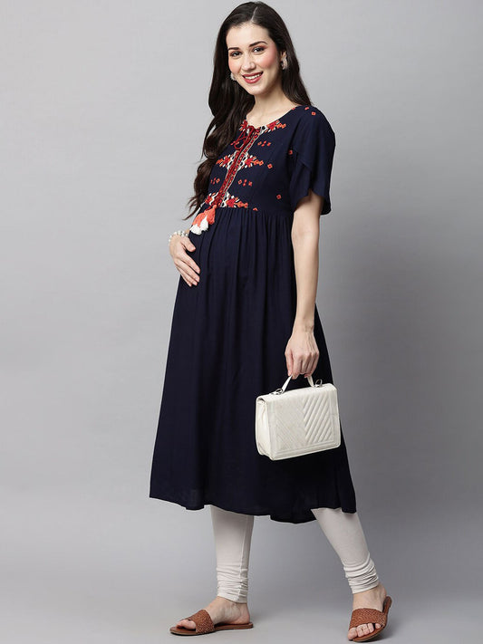 MomToBe Yoke Design Tie Up Neck Thread Work Maternity A-Line Kurta