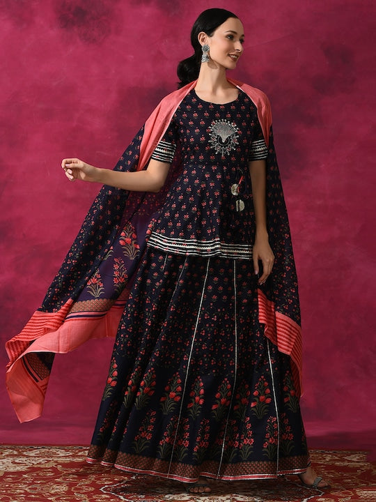 AKS Printed Gotta Patti Detail Ready To Wear Lehenga & Blouse With Dupatta