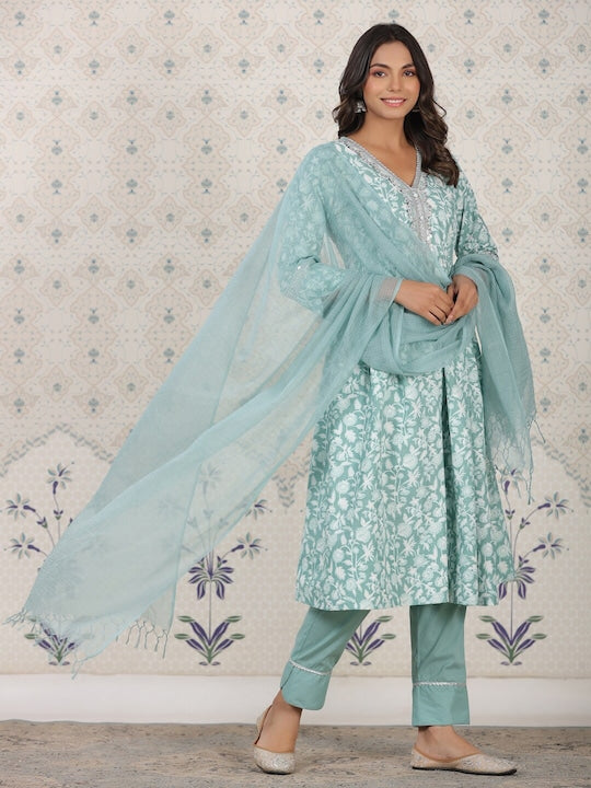 House of Pataudi Floral Printed Pure Cotton Kurta With Palozza & Dupatta