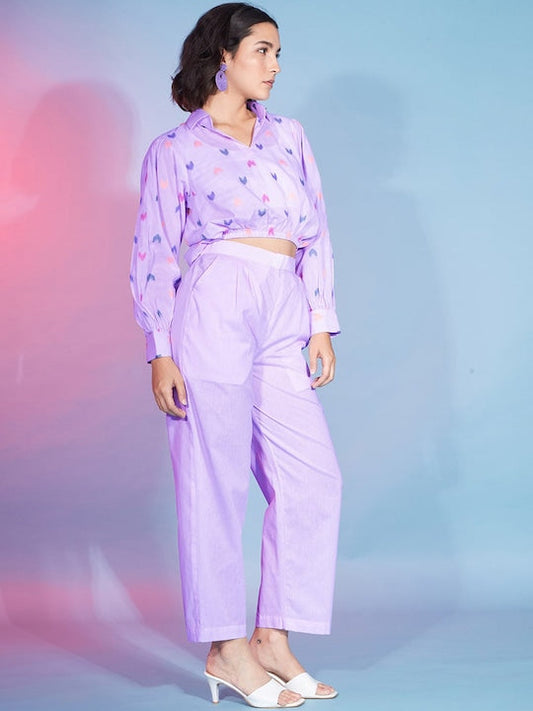 Mitera Ethnic Motifs Woven Design Shirt Collar Pure Cotton Crop Top With Trousers