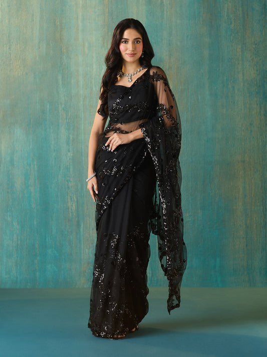 Likha Black Net Embellished and Sequined Saree with Unstitched Blouse LIKSAR119 (Free Size)
