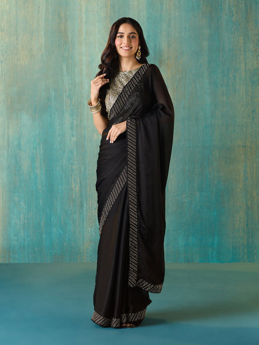 Likha Black Satin Embellished and Sequined Saree with Unstitched Blouse LIKSAR120 (Free Size)