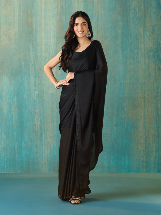 Likha Black Satin Embellished and Sequined Saree with Unstitched Blouse LIKSAR122 (Free Size)