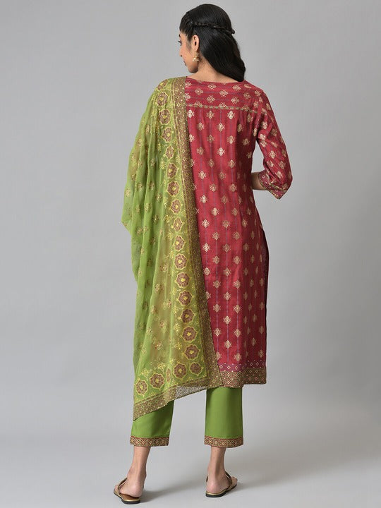 Aurelia Women Red Ethnic Motifs Printed Kurta with Trousers & With Dupatta