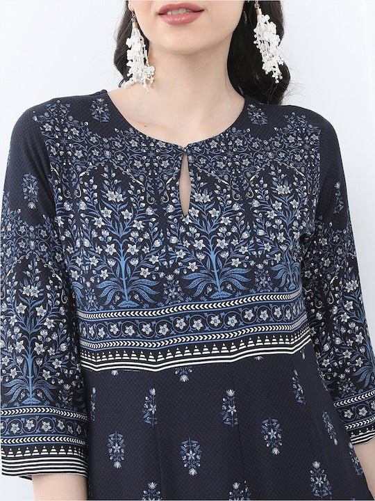 Vishudh Navy Blue Ethnic Motifs A-Line Midi Dress