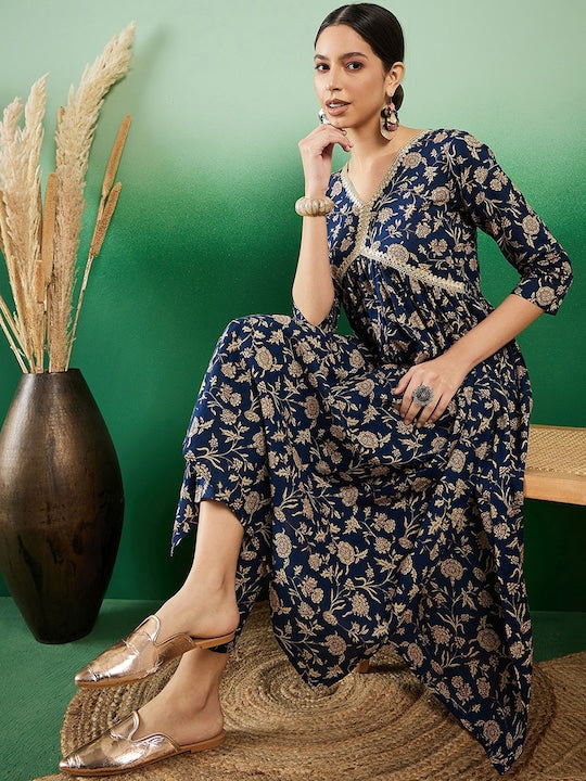 Sangria Jaal Printed Pure Cotton A-Line Kurta With Trousers Kurta
