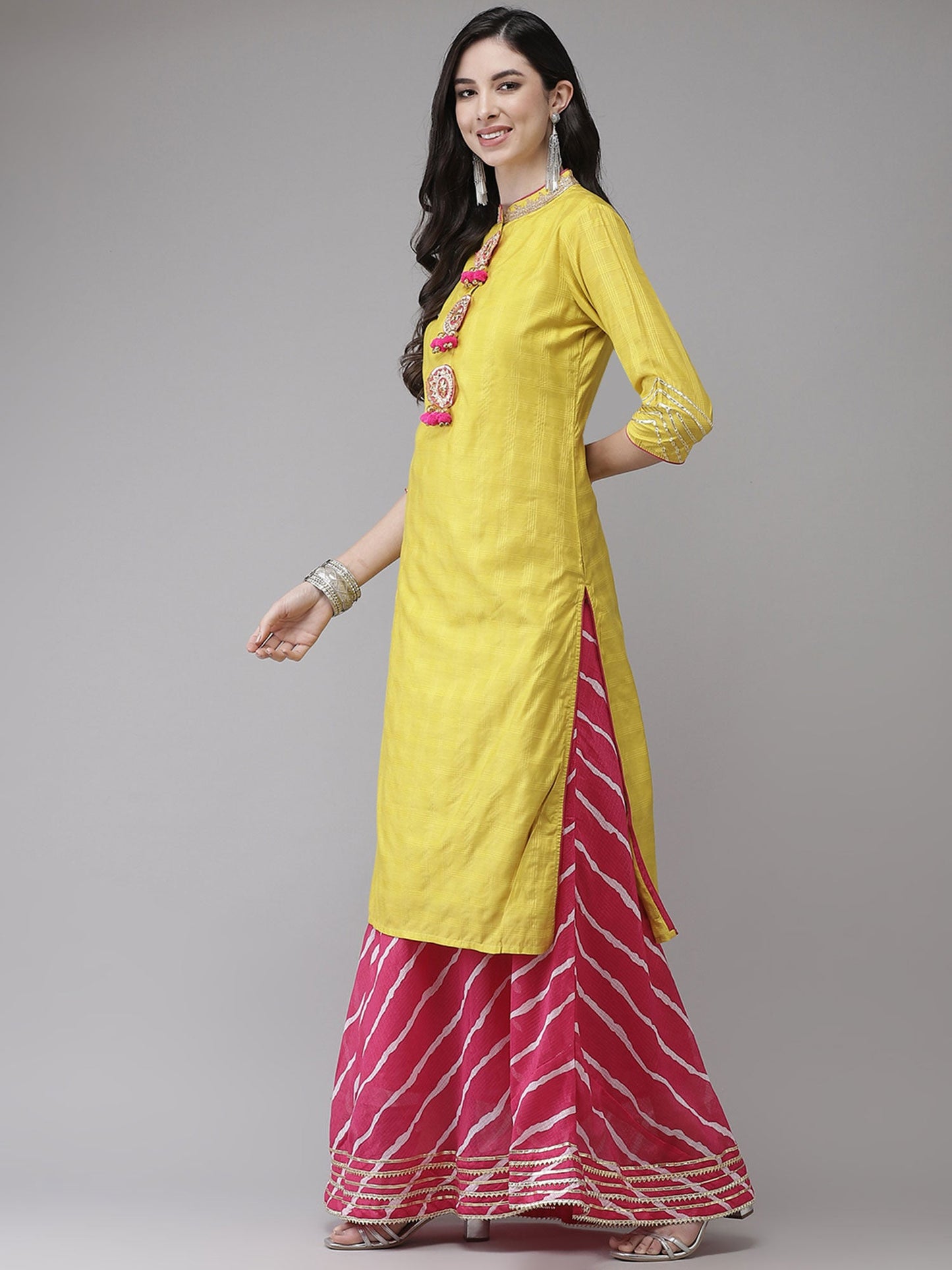 ISHIN womens Yellow & Pink Gotta Patti Embroidered A-line Kurta Skirt Dupatta (Set of 3)