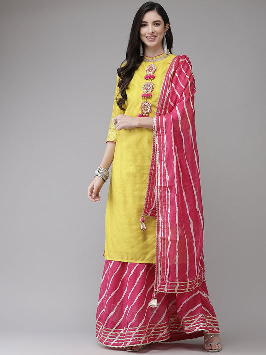 ISHIN womens Yellow & Pink Gotta Patti Embroidered A-line Kurta Skirt Dupatta (Set of 3)