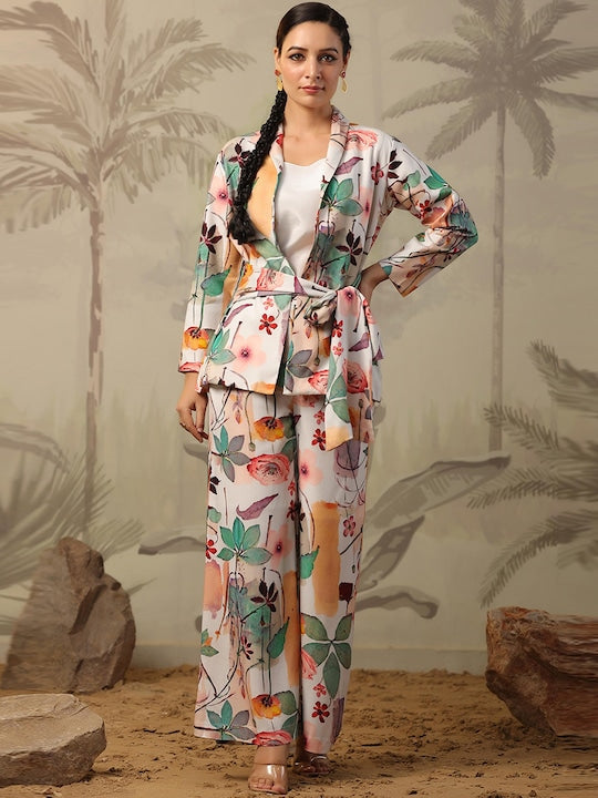 Scakhi Floral Printed Blazer & Palazos With Camisole