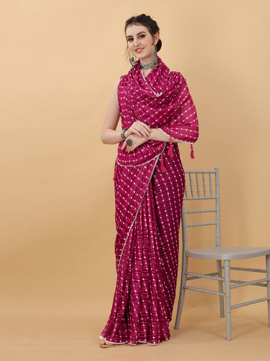Kasee Magenta & White Checked Zari Satin Saree