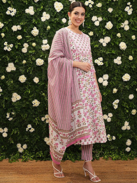 Vishudh Women Floral Printed Empire Pure Cotton Kurta with Trousers & With Dupatta