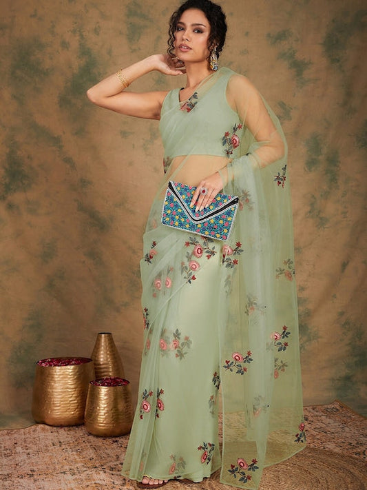 Sangria Floral Embroidered Net Saree
