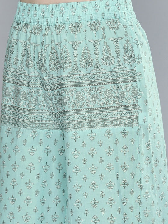 Vishudh Women Blue Ethnic Motifs Printed Panelled Pure Cotton Kurta with Trousers