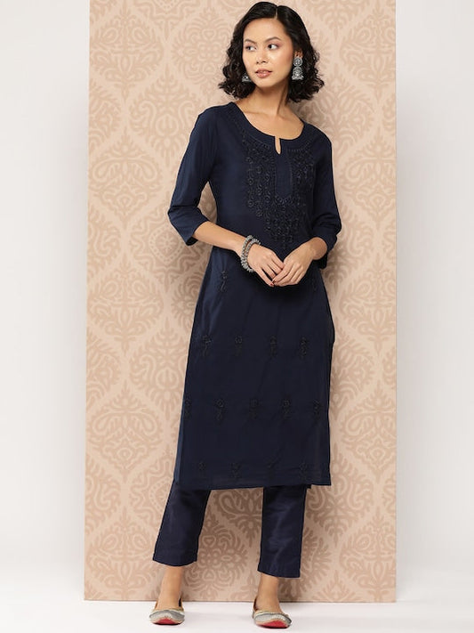 Yufta Floral Embroidered Chikankari Cotton Kurta Navy Blue