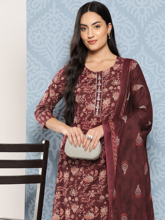 Yufta Floral Printed Regular Gotta Patti Pure Cotton Kurta with Trousers & Dupatta