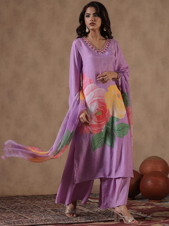 Scakhi Floral Printed Thread Work Straight Kurta With Sharara & Dupatta