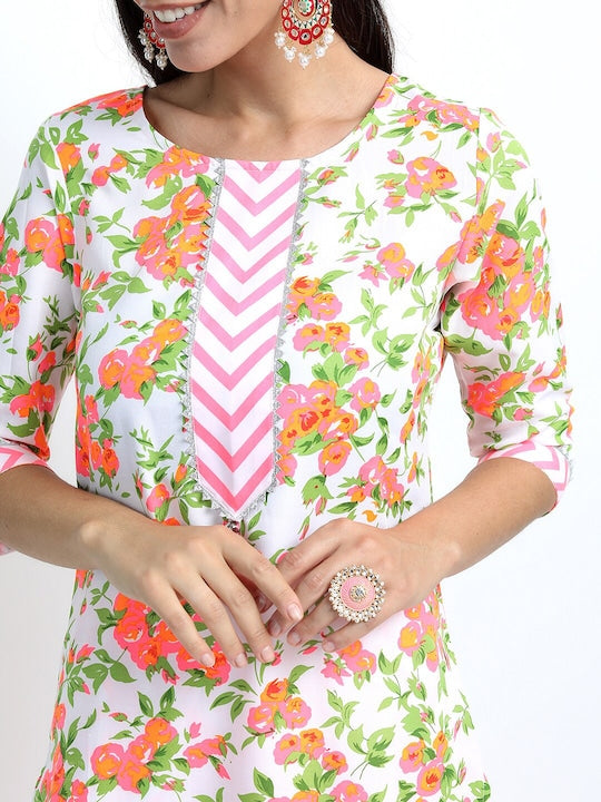 Vishudh Women Off White Floral Printed Gotta Patti Kurta with Palazzos & With Dupatta