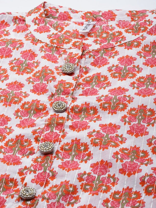 Yufta Women Off-White & Pink Ethnic Motifs Screen Print Pure Cotton Straight Kurta