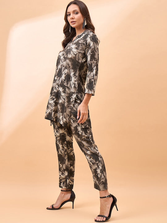 All about you Printed Shirt Collar Neck Top & Flared Trouser Co-Ords