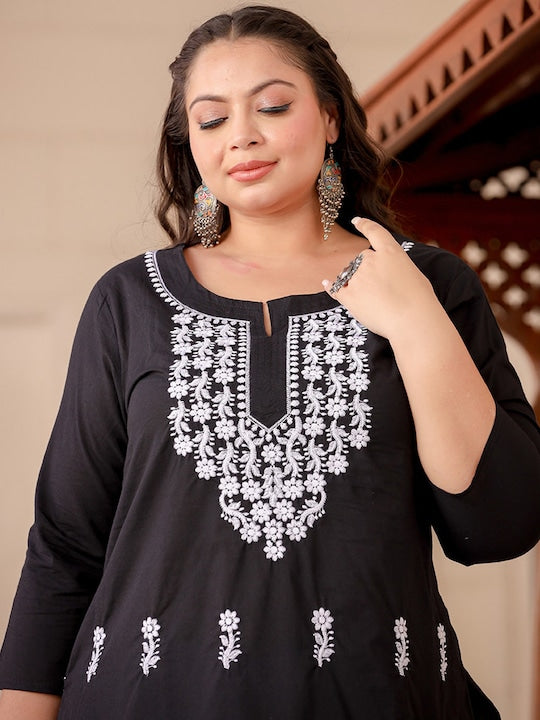 Yufta Plus Size Ethnic Motifs Chikankari Embroidered Pure Cotton Kurta