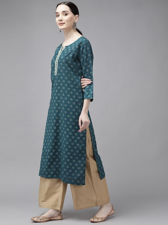 Yufta Women Teal Ethnic Motifs Printed Thread Work Kurta