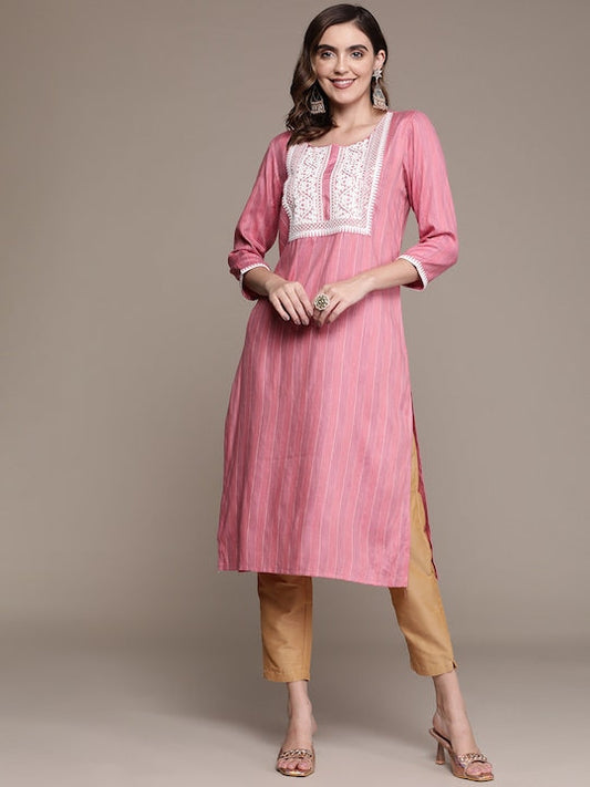 Anubhutee Women Pink & White Ethnic Motifs Embroidered Kurta