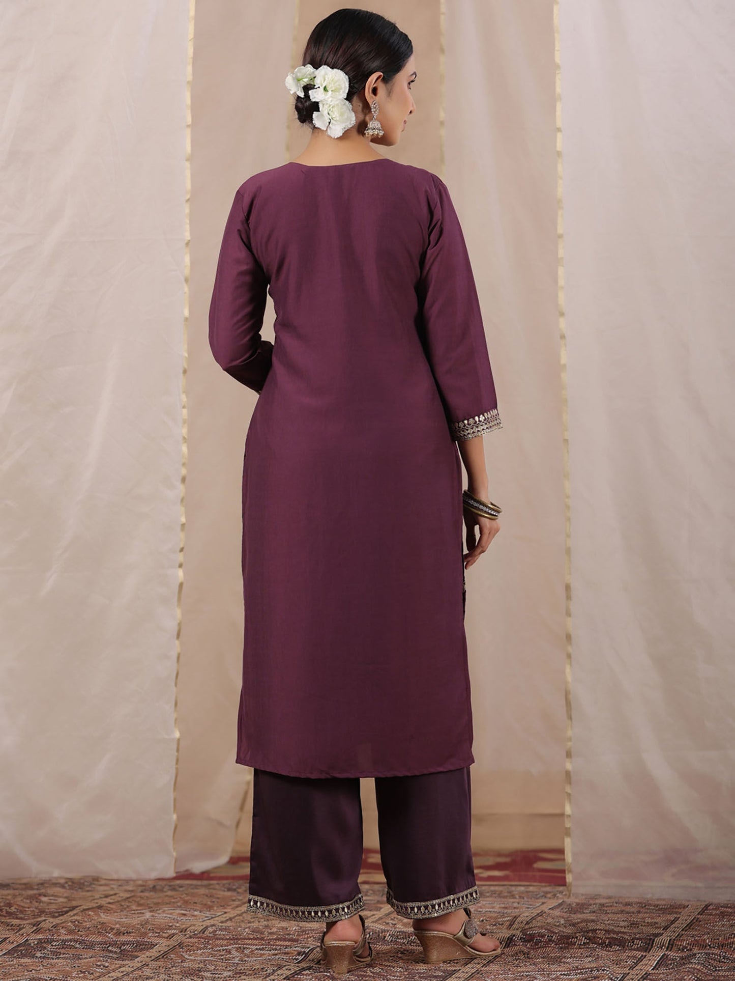 ISHIN Women's Wine Zari Work Ethnic Motifs Poly Silk Straight Kurta
