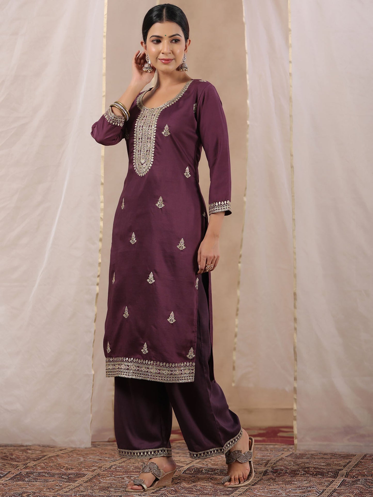 ISHIN Women's Wine Zari Work Ethnic Motifs Poly Silk Straight Kurta