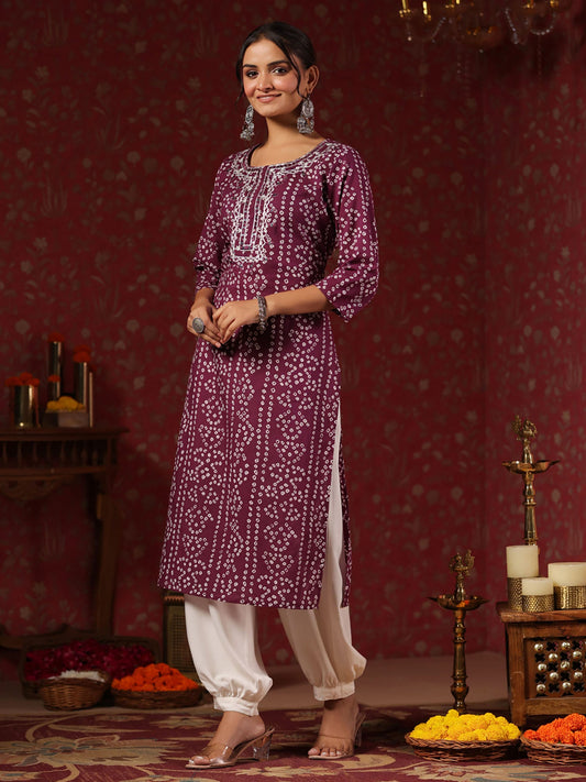 ISHIN Women's Bandhani Mirror Work Purple Round Neck Straight Kurta