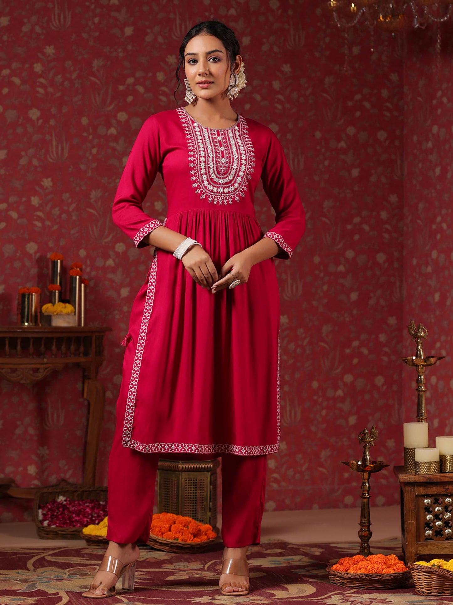 ISHIN Women's Viscose Rayon Embroidered Magenta Straight Kurta with Trousers (Set of 2)