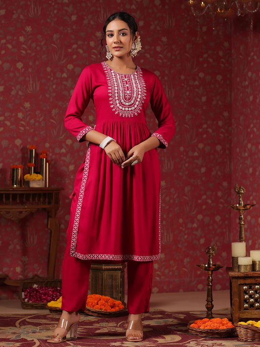 ISHIN Women's Viscose Rayon Embroidered Magenta Straight Kurta with Trousers (Set of 2)