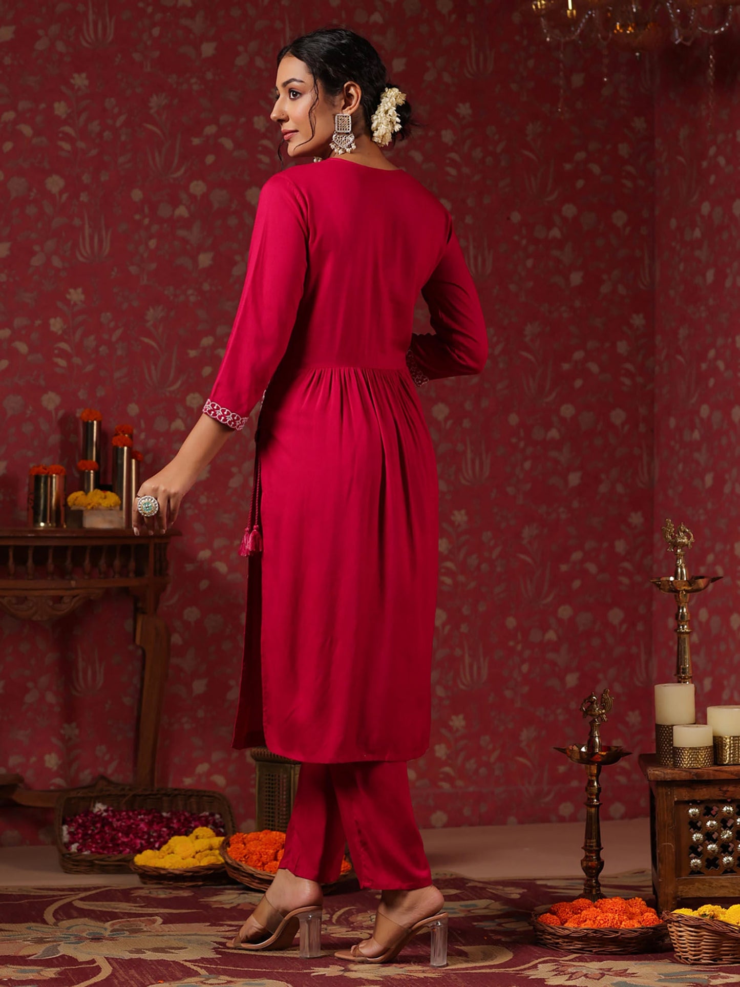 ISHIN Women's Viscose Rayon Embroidered Magenta Straight Kurta with Trousers (Set of 2)