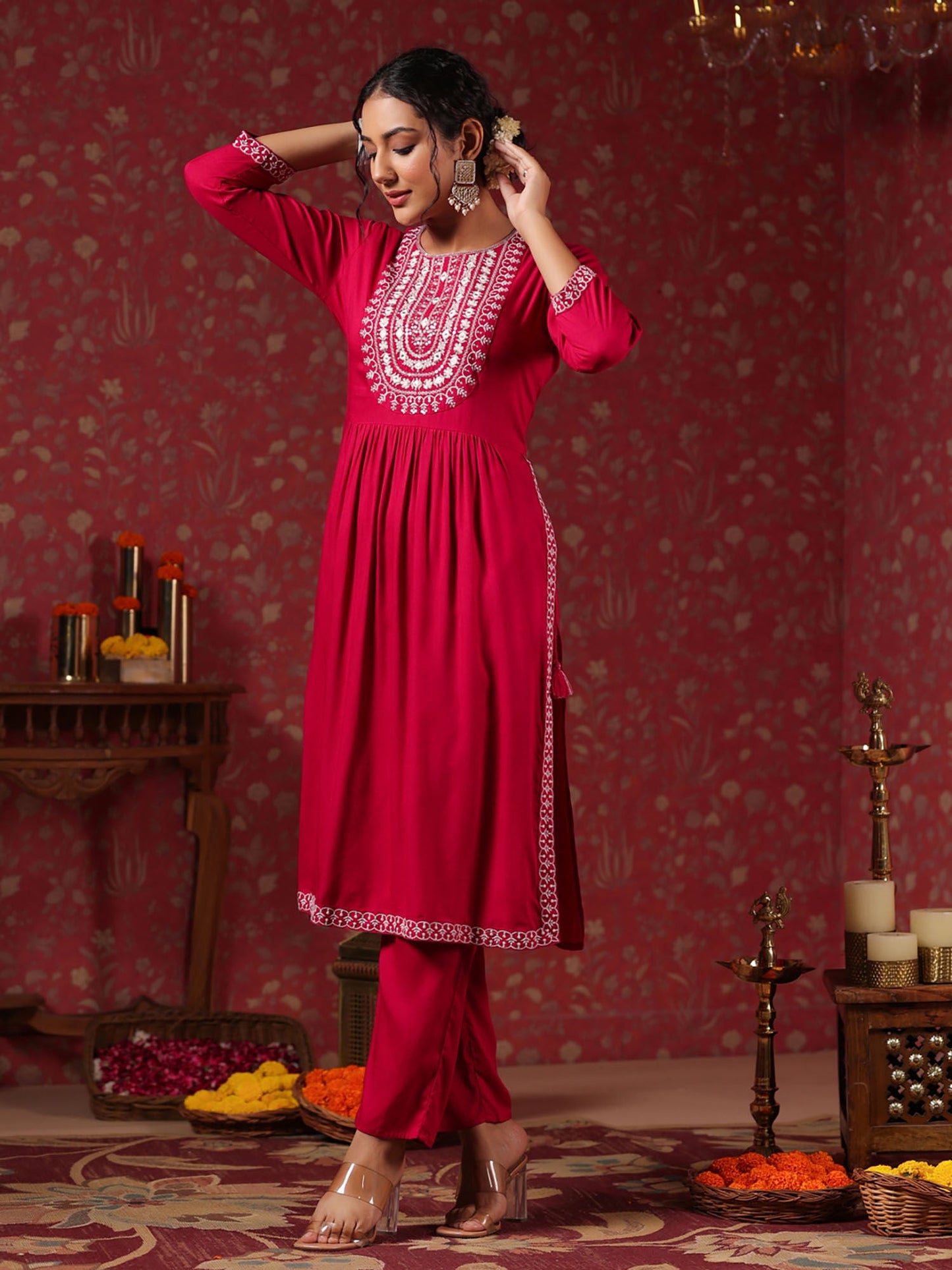 ISHIN Women's Viscose Rayon Embroidered Magenta Straight Kurta with Trousers (Set of 2)