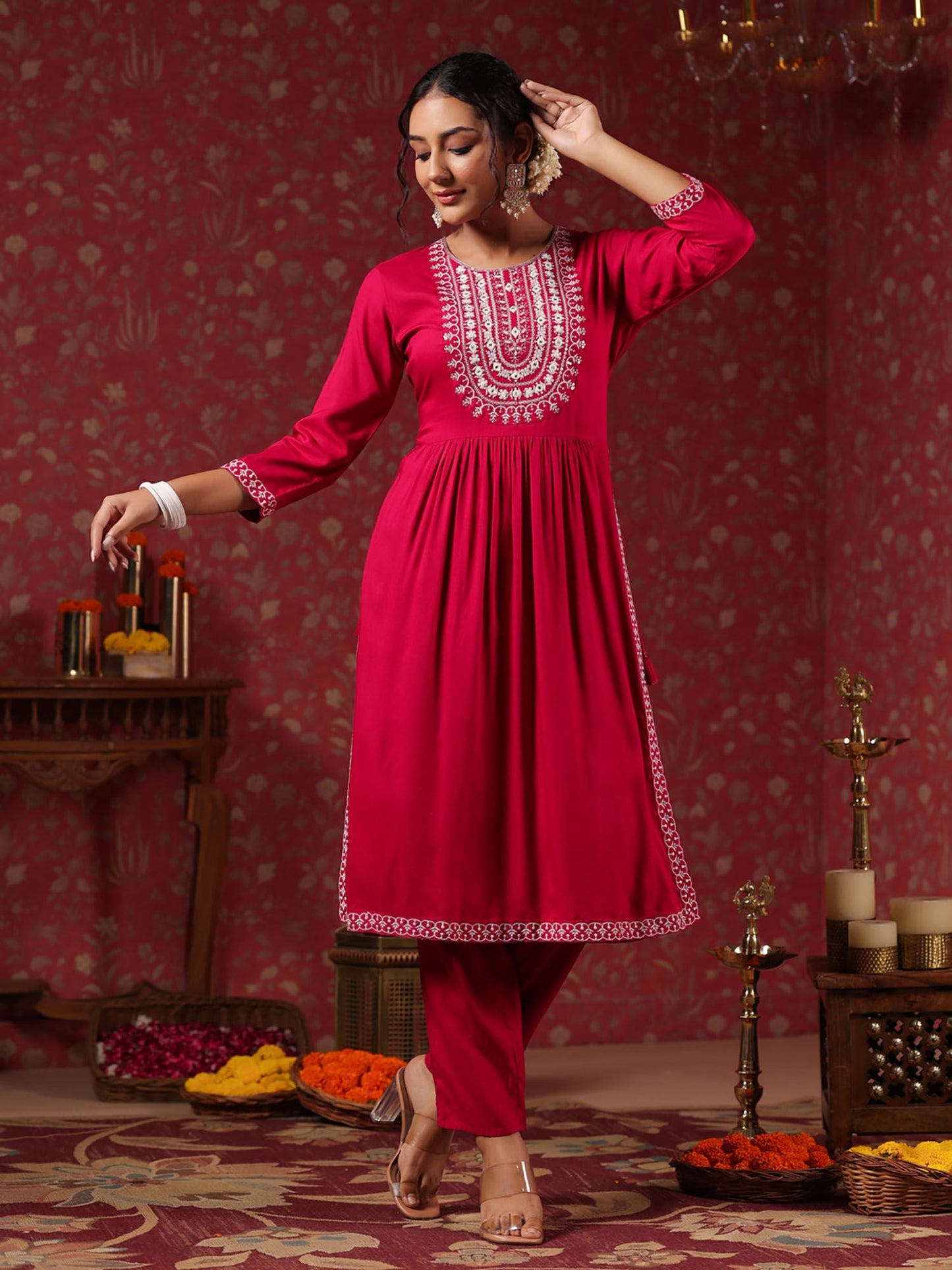 ISHIN Women's Viscose Rayon Embroidered Magenta Straight Kurta with Trousers (Set of 2)